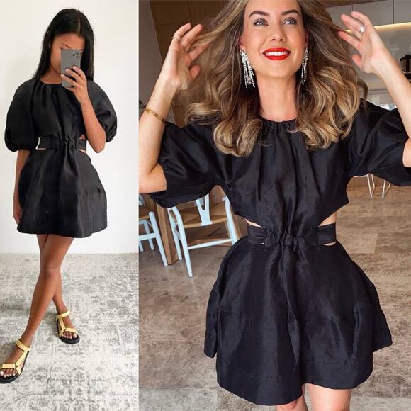 Aje Psychedelia Puff Sleeve Cut Out Mini Dress Tie Back Black Size US 8 - Picture 4 of 11